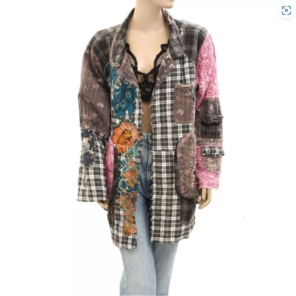 Magnolia Pearl Love Patchwork Plaid Jacket with Floral Accents